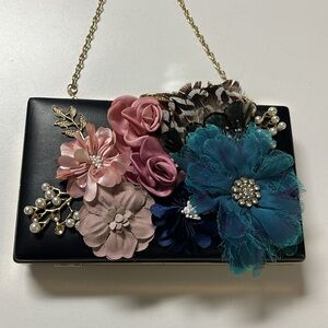 Floral Embellished Black Clutch by Milisente w/ Removable Chains 8”x 5”